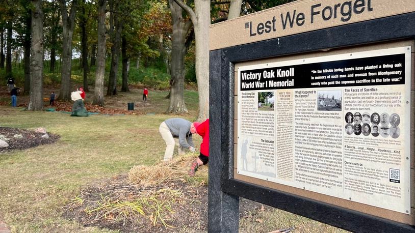 Scouts from BSA Super Troop 193 spruced up Victory Oak Knoll in Kettering on Saturday ahead of Veteran's Day. AIMEE HANCOCK/STAFF
