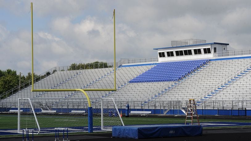 The first phase of renovations to Xenia Community Schools' Doug Adams Stadium were done in 2023, and included new grandstands and lighting. The second phase starts June 13, 2024. MARSHALL GORBY\STAFF