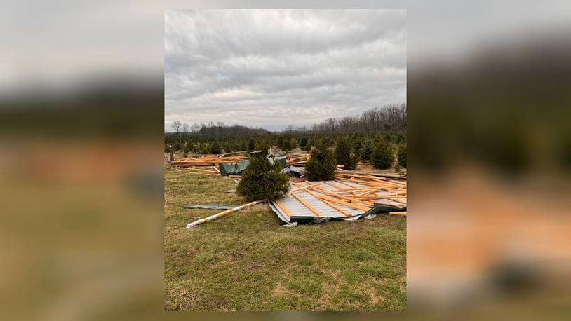 One of the two barns at the Young’s Jersey Dairy Christmas Tree Farm was damaged in the severe thunderstorms Wednesday morning. Contributed
