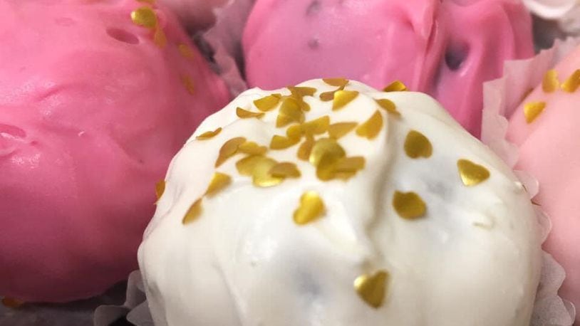 Valentine's Day-themed cake balls from Speakeasy Sweets.