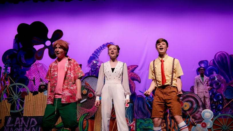 Left to right: Raef Norgaard (Patrick), Grace McGuire (Sandy) and Jake Eyink (SpongeBob Squarepants) in Franklin High School's production of "The SpongeBob Musical," which was recognized at the 2023 Miami Valley High School Theatre Awards June 6 at the Schuster Center. CONTRIBUTED