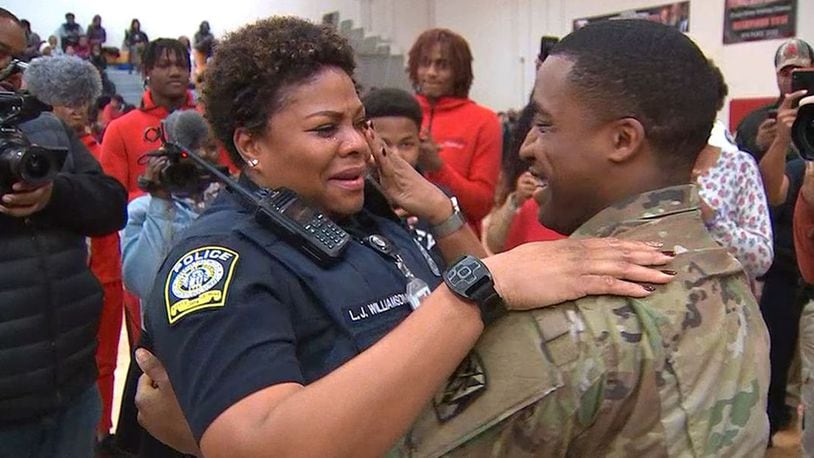 U.S. Army Sgt. Shakir Aquil surprised his mother Friday afternoon during a pep rally at Therrell High School in southwest Atlanta.