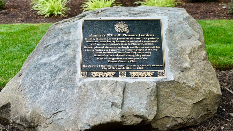 The third in a series of historical markers developed by The Oakwood Historical Society commemorates the Wine and Pleasure Gardens created by William Kramer in the mid-1800s. The marker was recently installed on a boulder along Kramer Road near the main entrance to the Dayton Country Club. CONTRIBUTED
