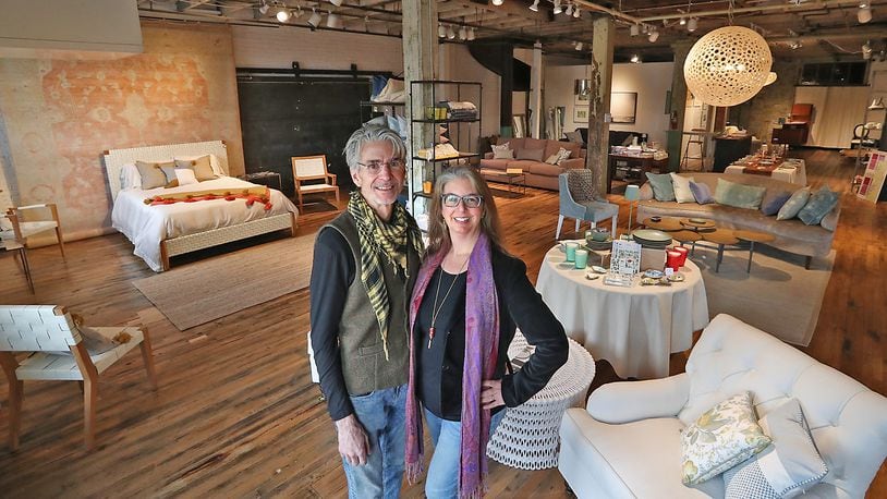 Vicki Rulli and her husband Tom Heaphey, owners of Itinerant Studio have resently opened up part of their old warehouse building on West Jefferson Street for a home decore boutique called Duo Home. BILL LACKEY/STAFF