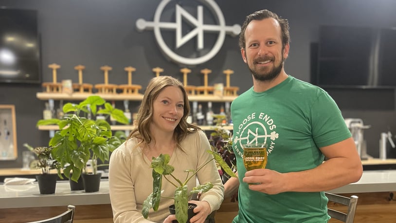 Loose Ends Brewing in Centerville is once again collaborating with Split Leaf Propagations to present its annual “Plants and Beer” event series. Pictured is Carla Huelskamp, the owner of Split Leaf Propagations, and John Loose, the owner of Loose Ends Brewing (CONTRIBUTED PHOTO).