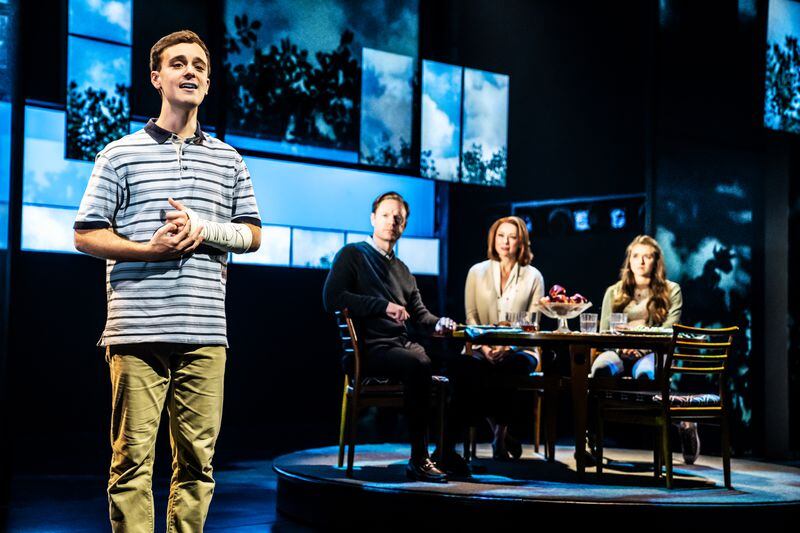 Stephen Christopher Anthony as 'Evan Hansen' and the North American touring company of "Dear Evan Hansen''. The show opens at the Schuster Tuesday. PHOTO BY MATTHEW MURPHYPHOTO BY MATTHEW MURPHY
