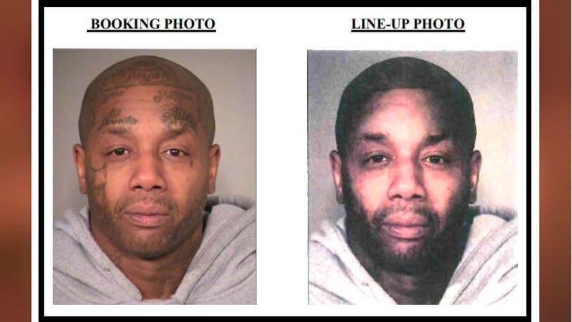Tyrone Lamont Allen is pictured, at right, in an April 2017 mugshot and, at left, in an altered version of the photo shown to witnesses in four robberies he is accused of committing that month in Portland, Ore. Allen, 50, faces federal charges.
