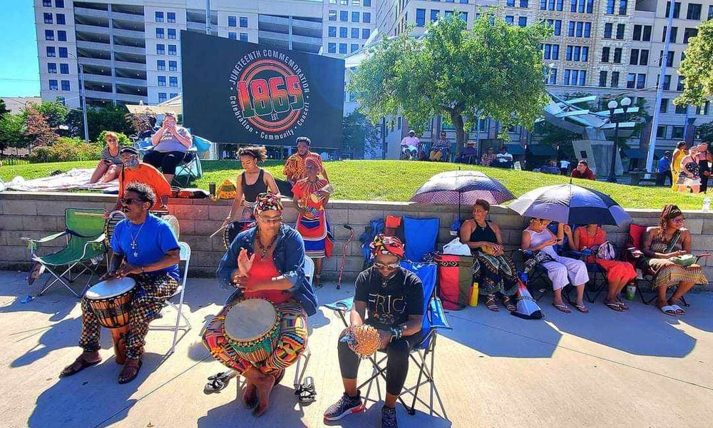 African drumming is an essential component of the Levitt Pavilion Juneteenth celebration, which will take place Saturday, June 15. PHOTO COURTESY OF SIERRA LEONE