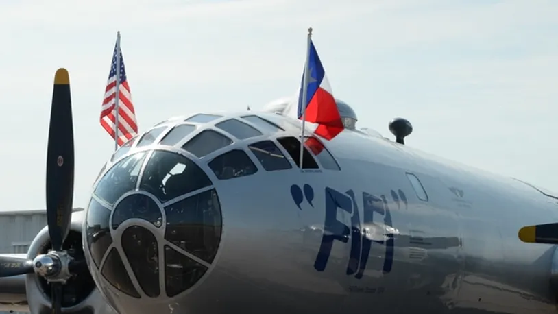 A World War II era B-29 bomber nick named “FIFI” is on display at the Sioux City, Iowa airport. The Boeing Aircraft designed “Superfortress” was flown by the United States Air Force beginning in the 1940’s through the 1960’s. The aircraft had a pressurized cabin, electronic fire-control system, and remote-controlled machine gun turrets. The aircraft is kept in flying condition and is flown to events as part of the Commemorative Air Force.
U.S. Air National Guard photo by Senior Master Sgt. Vincent De Groot