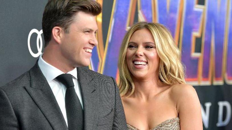 Colin Jost and Scarlett Johansson attend the world premiere of Walt Disney Studios Motion Pictures "Avengers: Endgame" at the Los Angeles Convention Center on April 22, 2019, in Los Angeles.