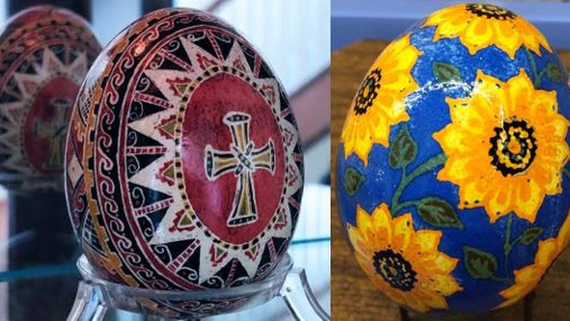 Ukrainian Easter eggs, known as pysanky, are on loan to the University of Dayton from the collection of alumna Tina Waypa Schlegel. The 22 handmade eggs will be displayed in the Roesch Library main floor lobby through April 25. Photo credit: University of Dayton