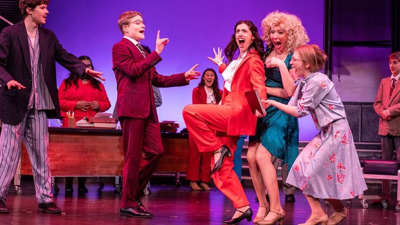 Left to right: Jack Wyant (Franklin Hart, Jr.), Connor Czapor (Tinsworthy), Maggie Weckesser (Violet Newstead), Lucy Dennis (Doralee Rhodes), Addison Haines (Judy Bernly) and the cast of Muse Machine's production of "9 to 5: The Musical." FACEBOOK PHOTO